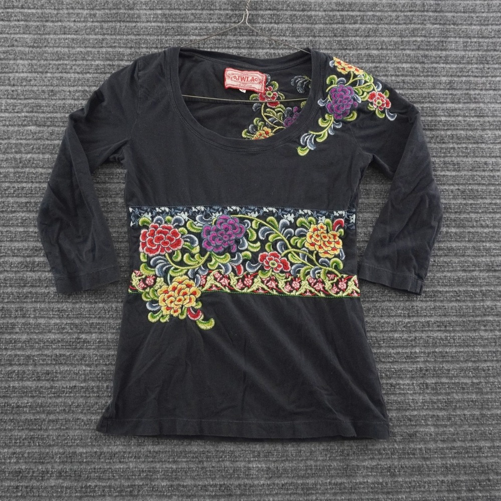 JWLA Johnny Was Embroidered Long Sleeve Shirt Womens S Black Floral Boho